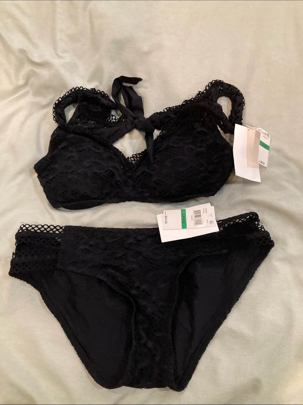 BECCA Black Lace Bikini Top & Brief Set Size L
